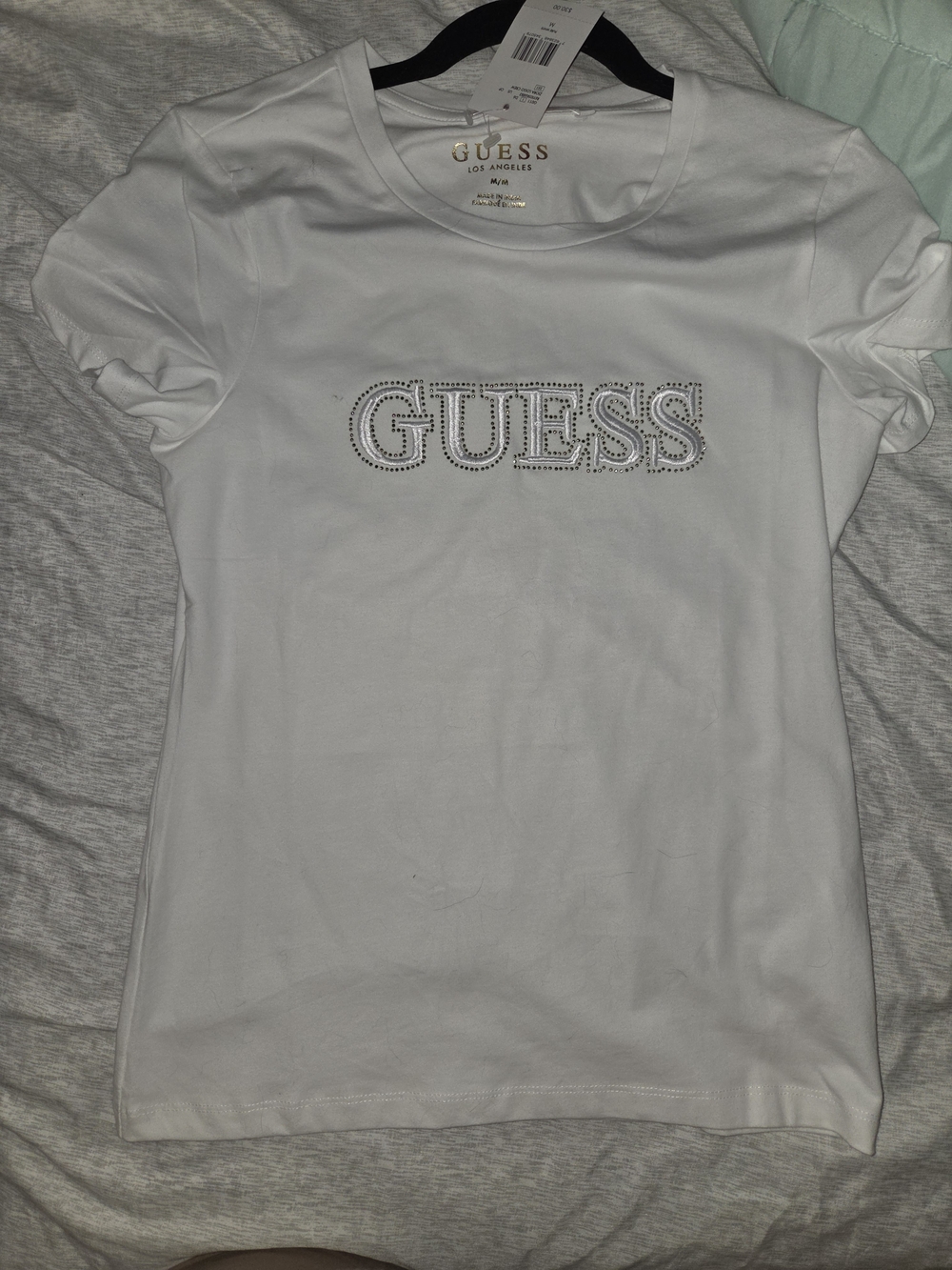 GUESS White Short-Sleeve Logo Tee with Rhinestone Detail